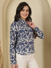 Floral Printed Spread Collar  Linen Shirt