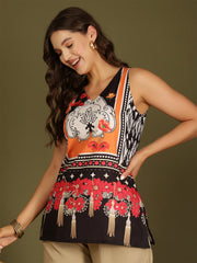 Ethnic Motifs Printed V-Neck Straight Kurti (Black)