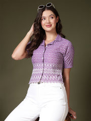 Embroidered Schiffli Shirt Style Crop Top