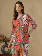 Orange Printed V-Neck Asymmetric Hem Kurti
