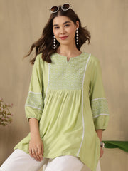 Embroidered Puff Sleeves Peplum Top ( Sea Green )