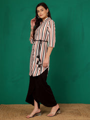 Tan Mandarin Collar Striped Sheer Tunic
