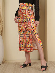 Mustard Abstract Printed Straight Midi Skirt