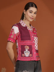Cream Digital Printed Spread Collar Crop Shirt