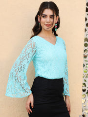 Floral Flared Sleeve Lace Blouson Sky Blue Top