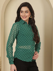 Smart Polka Dot Flocking Sheer Casual Green Shirt