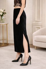 Black Velvet Straight Midi Skirt