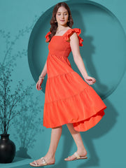 Orange Flutter Sleeve Crepe A-Line Midi Dress