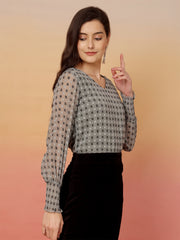 Polka Dot Print Puff Sleeve Georgette Blouson Top