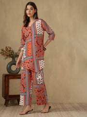 Orange Asymmetric Hem Abstract Print Co-ord Set