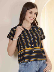 Navy Blue Striped Spread Collar Crop Shirt