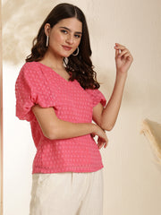 Polka Dot Baloon Sleeves Coral Regular Top