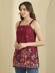 Burgundy Ethnic Motifs Embroidered Strap Neck Panelled Kurti