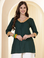 Green V-Neck Thread Work High-Low Kurti