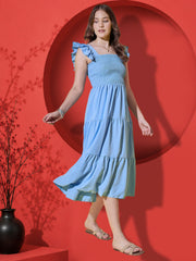 Sky Blue Flutter Sleeve Crepe A-Line Midi Dress