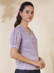 Embroidered V-Neck Puff Sleeve Chikankari Top