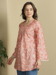 Peach Botanical Printed Flared Sleeves Pure Cotton Kurti