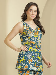 Teal Ethnic Motifs Printed V-Neck Pure Cotton Kurti
