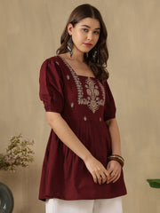 Embroidered Puff Sleeve Peplum Top ( Maroon)