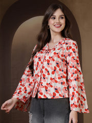 Floral Print Flare Sleeves Front Open Top (Peach)