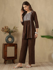 Coffee Brown Embroidered Peplum Style Khadi Co-ord Set