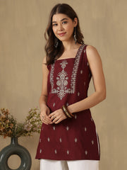 Maroon Ethnic Motifs Embroidered Square Neck Kurti