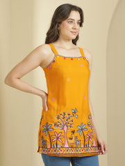 Mustard Ethnic Motifs Embroidered Strap Neck Panelled Kurti