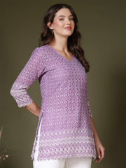 Embroidered V-Neck Chikankari Kurti (Lavender)