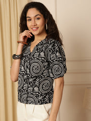 Black Warli Print Puff Sleeve Cotton Shirt Style Top