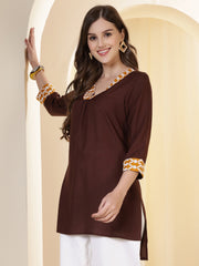Coffee Brown V-Neck Thread Work High-Low Kurti