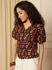 Maroon Tribal Print Puff Sleeve Cotton Shirt Style Top