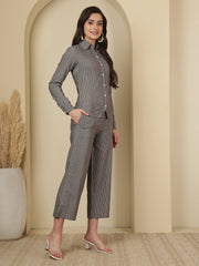 Women Grey Handloom Cotton Striped Shirt & Trouser Co-Ord Set