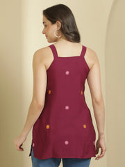 Burgundy Ethnic Motifs Embroidered Strap Neck Panelled Kurti