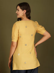 Mirror Work Puff Short Sleeves Kurti (Beige)