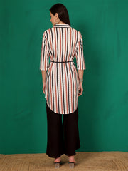 Tan Mandarin Collar Striped Sheer Tunic
