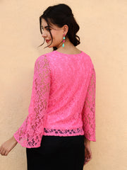 Floral Flared Sleeve Lace Blouson Fuchsia Top