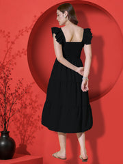 Flutter Sleeve Crepe A-Line Midi Dress