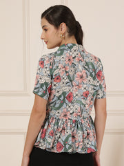 Floral Printed Shirt Collar Peplum Top