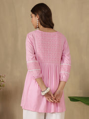 Embroidered Puff Sleeves Peplum Top ( Pink )
