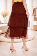 Layered Midi Net Skirt - Coffee Color