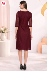 Women Burgundy Lace Fit and Flare Dress
