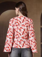 Floral Print Flare Sleeves Front Open Top (Peach)