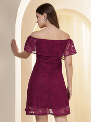 Off-Shoulder Ruffled Lace Fit & Flare Dress