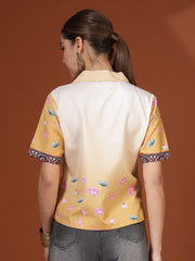 Mustard Digital Printed Spread Collar Crop Shirt