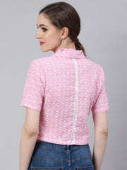 Floral Embroidered Pink  Shirt Style Top