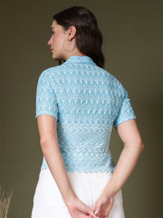 Embroidered Schiffli Shirt Style Crop Top – Blue & White