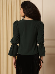 Green Puff Sleeves Solid Blouson Top