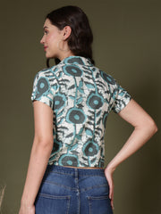 Dynamic Sea Green Print Shirt Style Top