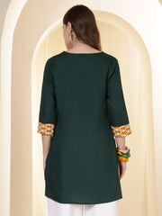 Green V-Neck Thread Work High-Low Kurti