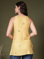 Mirror Work Sleeveless Kurti (Beige)